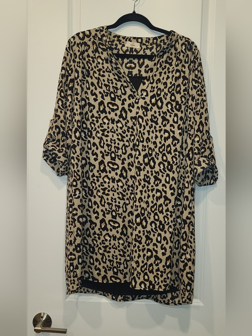 Entro Leopard Print V-Neck Tunic in Tan and Black. H-33
